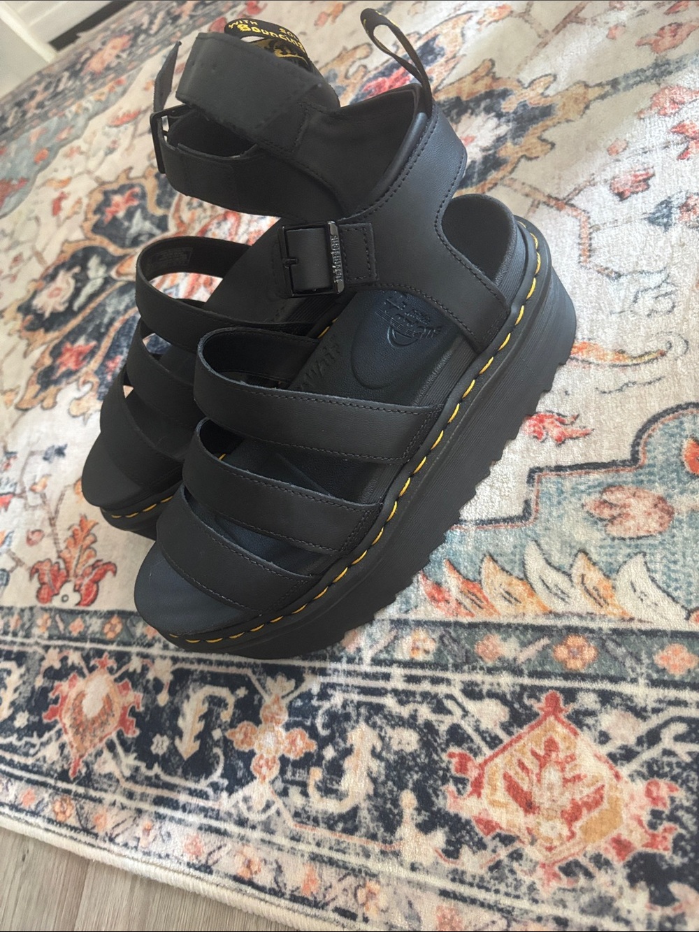 Dr. Martens Black Leather Strappy Platform Sandals with Yellow Stitch Not worn